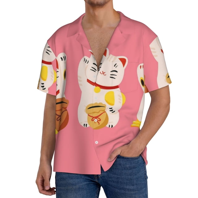 Fotbe Cute Cat Camisa Estampada de Manga Corta para Hombre, Casual de Verano, Estilo Playero, Sin Arrugas-Medium