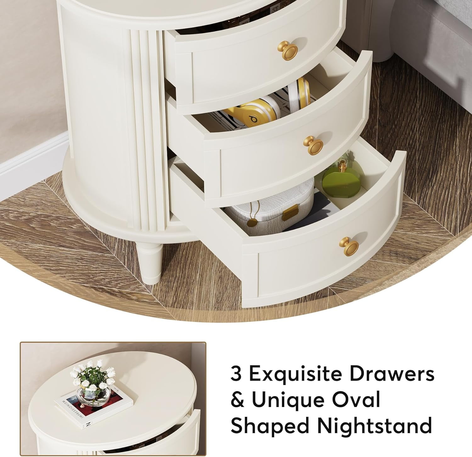 Finmind 3-Drawer Nightstand, Fully Assembled Oval Bedside Table with Storage, Off-White