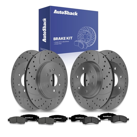 AutoShack Front & Rear Brake Rotors & Premium Pads for Chevrolet & GMC, Traverse 2009-2017 Acadia 2007-2016, AWD FWD V6 3.6L - Coated Drilled & Slotted - Black Matte Finish - BlackShield