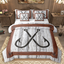 Manfei Fishing Hooks Twin Bedding Sets 7pcs, Vintage Farmhouse Lake House Bedding Comforter Set, Gray Barn Door Sheet Sets, Ultra Soft Home Decor