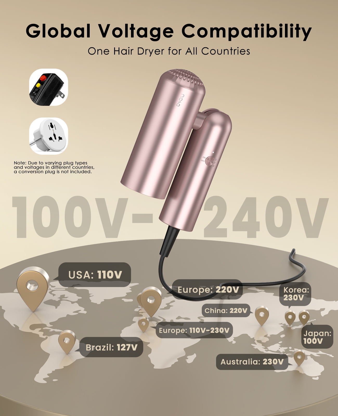 Foldable Hair Dryer with Auto-Sense Global Voltage, High Speed Professional Plasma Salon Blow Dryer with Nozzle & Comb, Portable Travel Hair Drier with Storage Bag, Perfect Gift, Rose Gold
