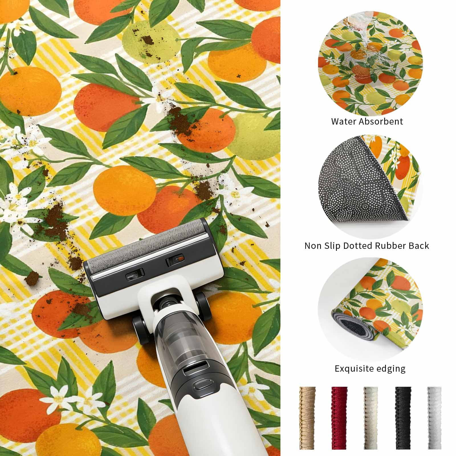 Large Area Rugs 5'x8', Green Orange Carpet Runner Indoor Outdoor Rugs Home Decor Aesthetic, Summer Botanical Leaves Watercolor Checkered Non Slip Mats Washable Accent Rug for Living Room Bedroom