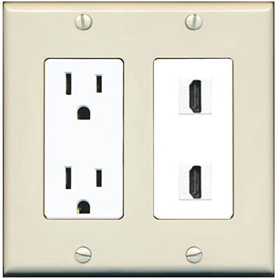 RiteAV - 15 Amp Power Outlet 2 Port HDMI Decorative Wall Plate - Light Almond/White