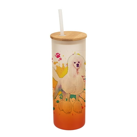 

100 North 25 Ounce Frosted Glass Gradient Travel Tumbler With Straw & Wooden Lid Poodle Dog Paint Splatter Orange