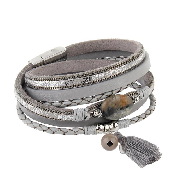 Brazalete de de cuero de con borla Boho para mujer gris Sunnimix Pulsera de múltiples capas de mujer
