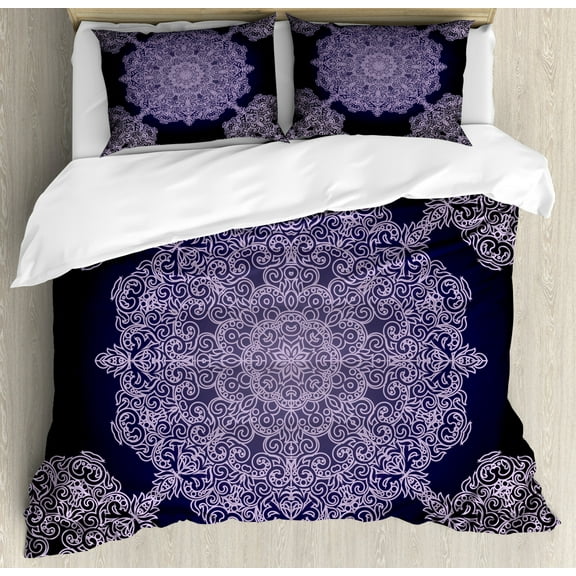 Purple Mandala King Size Duvet Cover Set, Bohemian Floral Pattern with Continuous Round Mandalas Concept, Decorative 3 Piece Bedding Set with 2 Pillow Shams, Pale Mauve and Indigo, by Ambesonne
