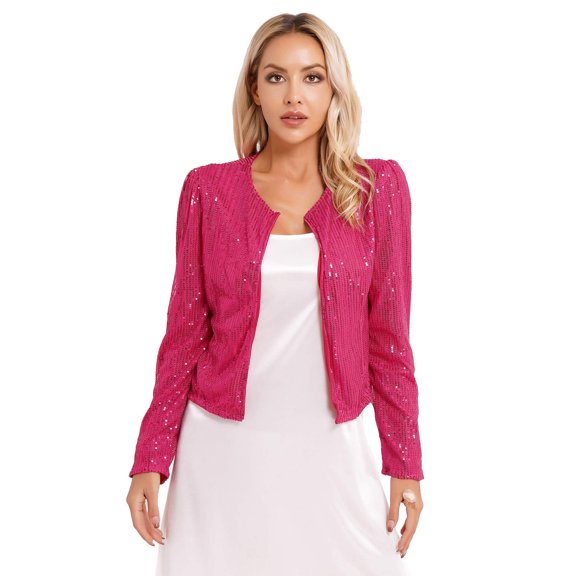 DPOIS Womens Sequin Jacket Long Sleeve Open Front Blazer Evening Party Bolero Shrug Hot Pink XXL