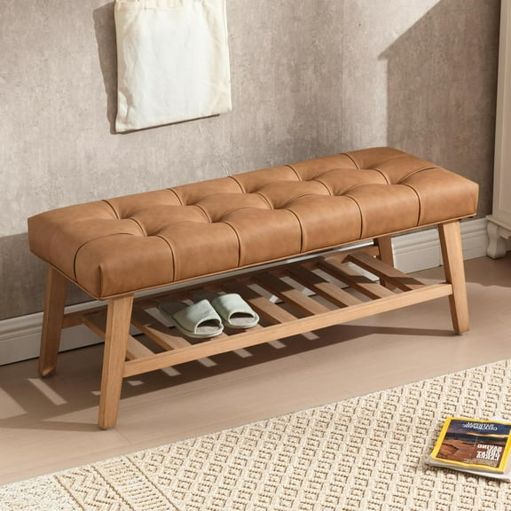 Entryway Shoe Storage Benches with Upholstered Button Tufted Seat and Open Slatted Shelf PU Leather Ottoman for Hallway Living Room Bedroom End of Bed, Brown