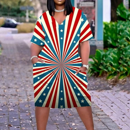 

Hvyesh Summer Dresses for Women 2023 Plus Size Party Midi Dress American Flag Pattern V Neck Sundresses Short Sleeve Comfortable Dresses Red