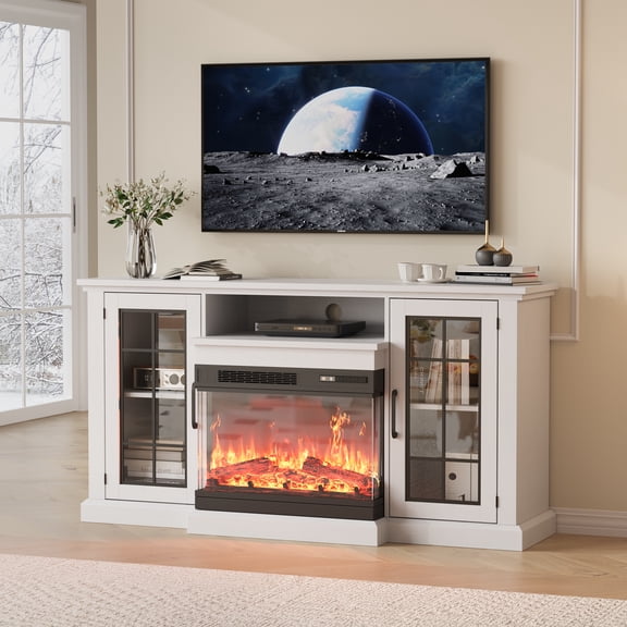59'' Fireplace TV Stand, with 24" Fireplace, Console Table of Modern Entertainment Center, for TVs Up to 65'', Rustic Console Table with LED Light and 12 Flame Colors for Living Room