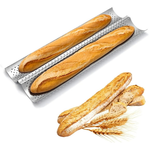 Duslogis Sourdough Bread Baking Supplies - 2-Well Non-Stick Baguette Bread Pan - Perforated French Bread Baking Pan - Round Edge & Easy Clean Coating - 15" x 6.3", Silver