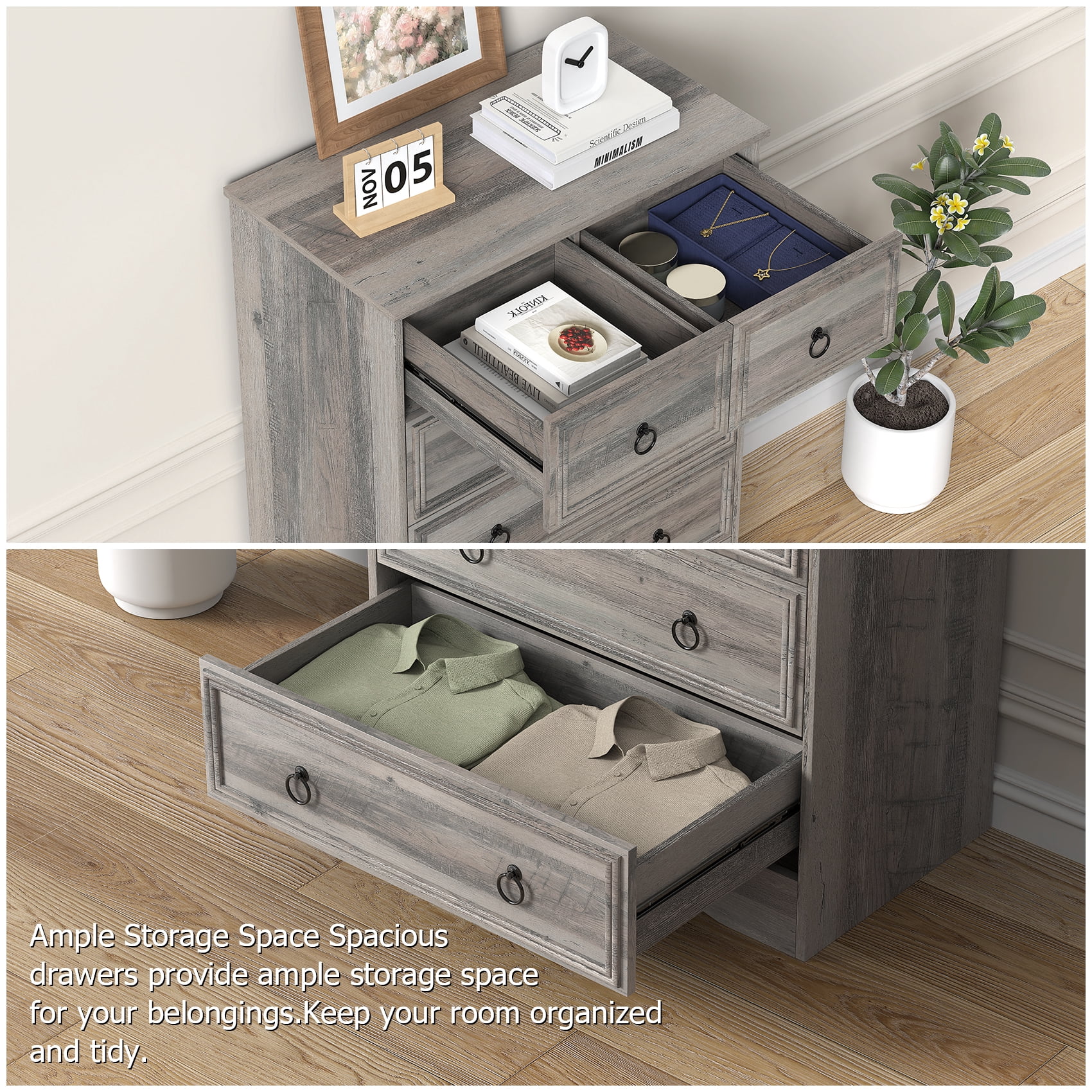 Meteorleg Farmhouse 6 Drawer Dresser, Grey Chest of Drawers, 48" Tall Dressers for Bedroom, Rustic Wood Storage Organizer for Living Room, Hallway, Closet