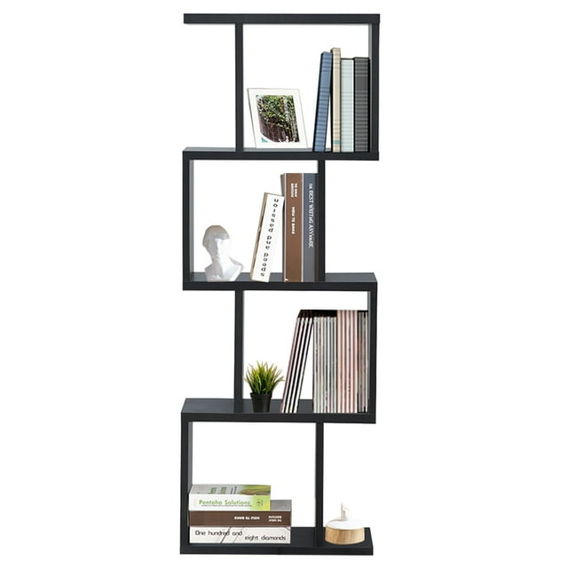 Patiojoy Bibliothèque Autoportante à 4 Niveaux en Forme de S, Étagère de Rangement Multifonctionnelle en Bois