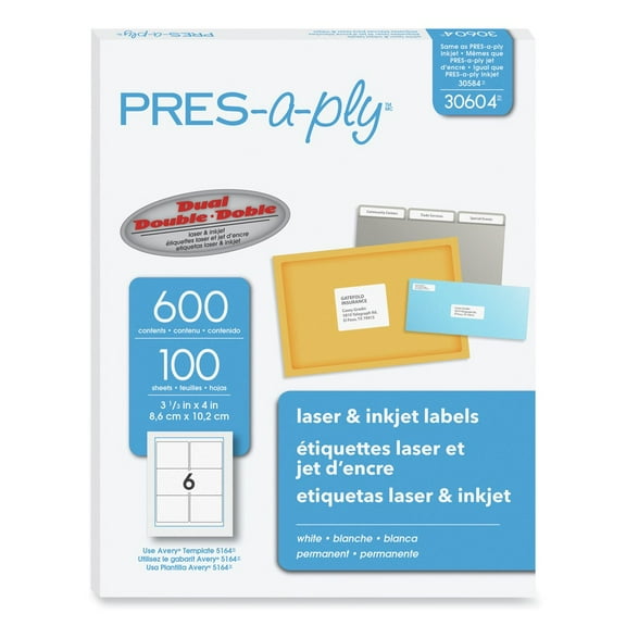 PRES-a-ply 30604 3.33 in. x 4 in. Laser Printers Labels - White (6/Sheet, 100 Sheets/Box)