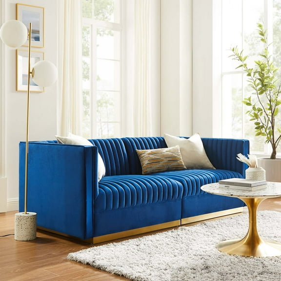 Modway Sanguine Channel Tufted Performance Velvet Modular Sectional Sofa Loveseat in Navy