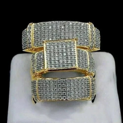 Hitanshu Jewels 2.50 Ct Cubic Zirconia His & Her Wedding Trio Ring Set 14k Yellow Gold Finish