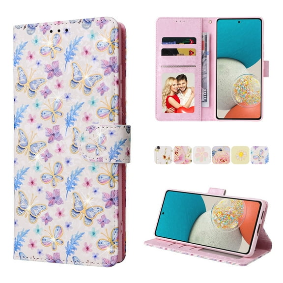 Compatible for Samsung Galaxy S24 FE Wallet Case with Card Holder, Floral Flower PU Leather Magnetic Stand Flip Protective Phone Cover with Wrist Strap for Women Girls, Butterfly Flower
