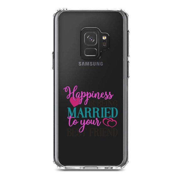 DistinctInk Clear Shockproof Hybrid Case for Samsung Galaxy S9 (5.8" Screen) - TPU Bumper Acrylic Back Tempered Glass Screen Protector - Happiness Married to Your Best Friend