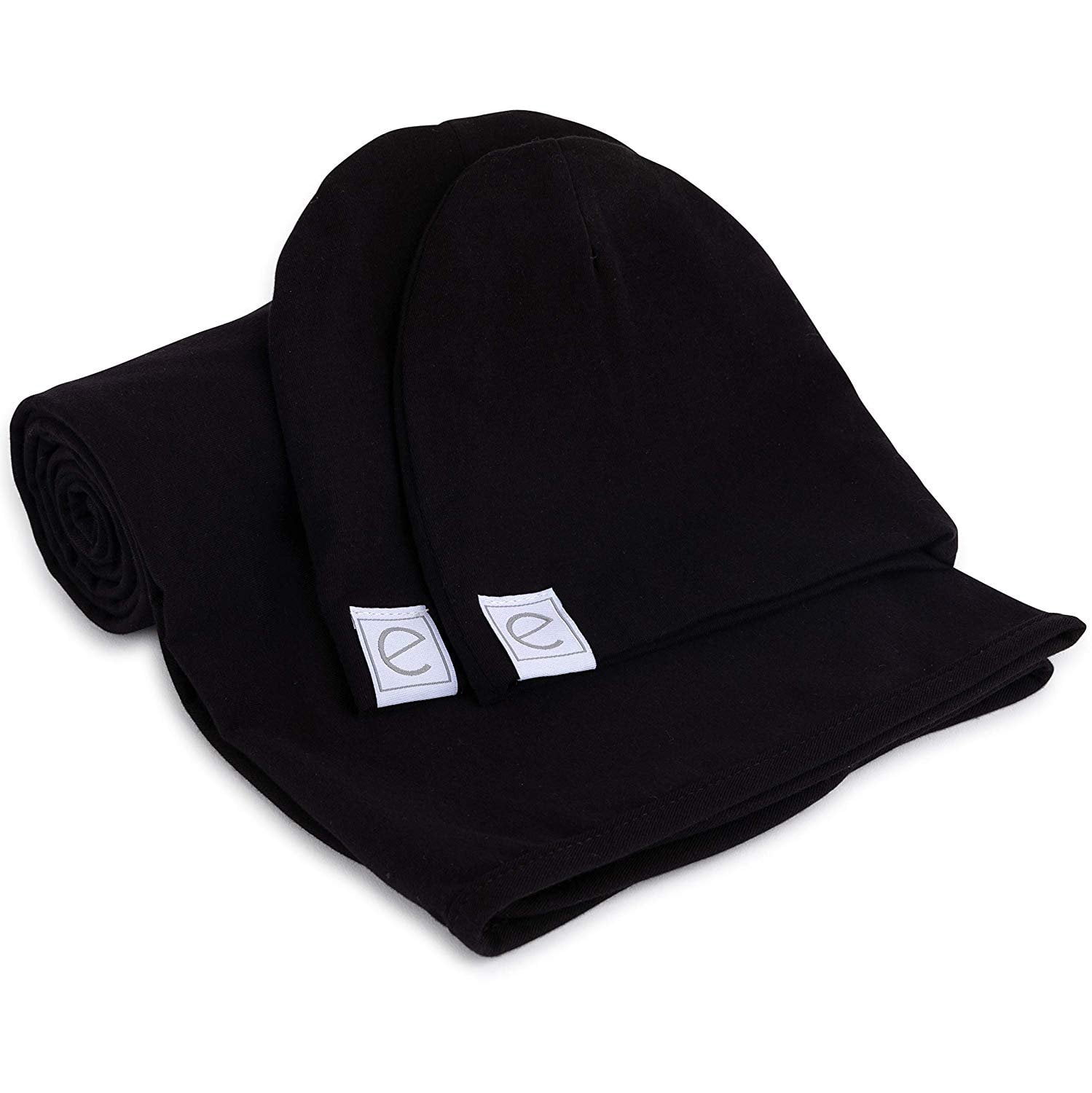 Cotton Knit Jersey Swaddle Blanket and 2 Beanie Gift Set, Large