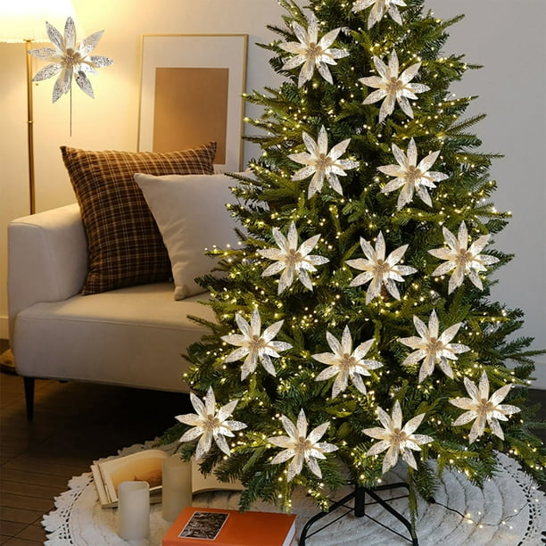 Flor de Pascua artificial con purpurina navideña de 32 cm, adorno navideño de tela con rosas blancas | Adorno para árbol festivo, ideal para fiestas, hogar, bodas, regalos