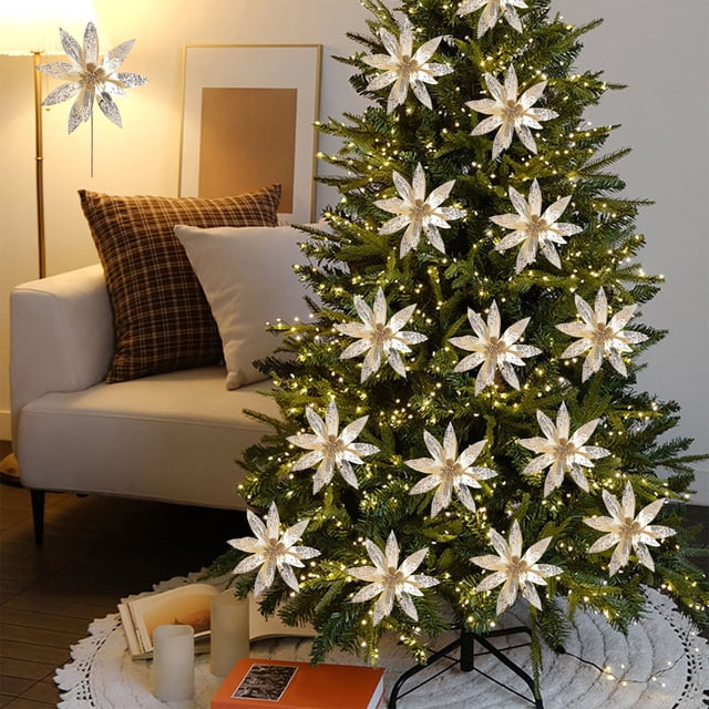 Flor de Pascua con purpurina blanca y rosa | Decoración artificial para árbol de Navidad y florero para el hogar, bodas y fiestas | Decoración floral de tela de 33 cm
