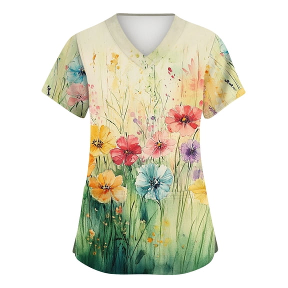 ASDFVBKG Floral Printed Scrub Tops Women V Neck Short Sleeve Plus Size Scrubs for Womens Nursing Uniforms Shirts with Pockets Green 4XL