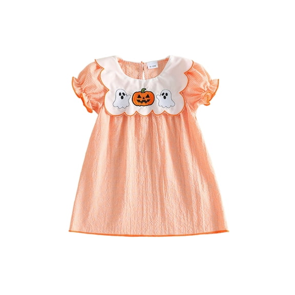 BemeyourBBs Toddler Baby Girls Halloween Dress Outfit Infant Baby Girl Summer Fall Plaid Gingham Dress Pumpkin Ghost Embroidered Crew Neck Puff Short Sleeve Holiday Party Dress