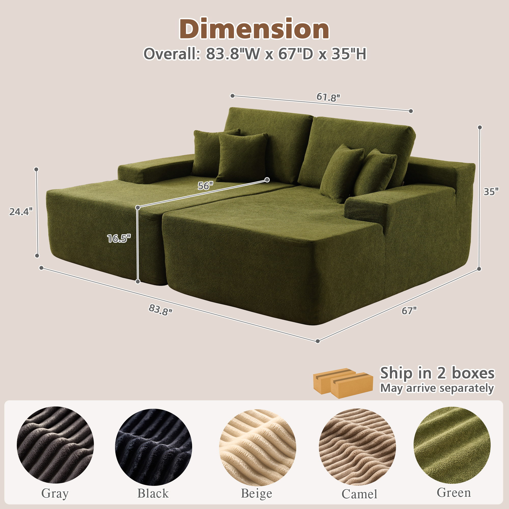 Ovios 74"W Oversized Double Chaise Lounge Chair Deep Seat Cloud Sofa Bed Sleeper Loveseat for Living Room, No Assembly, Green
