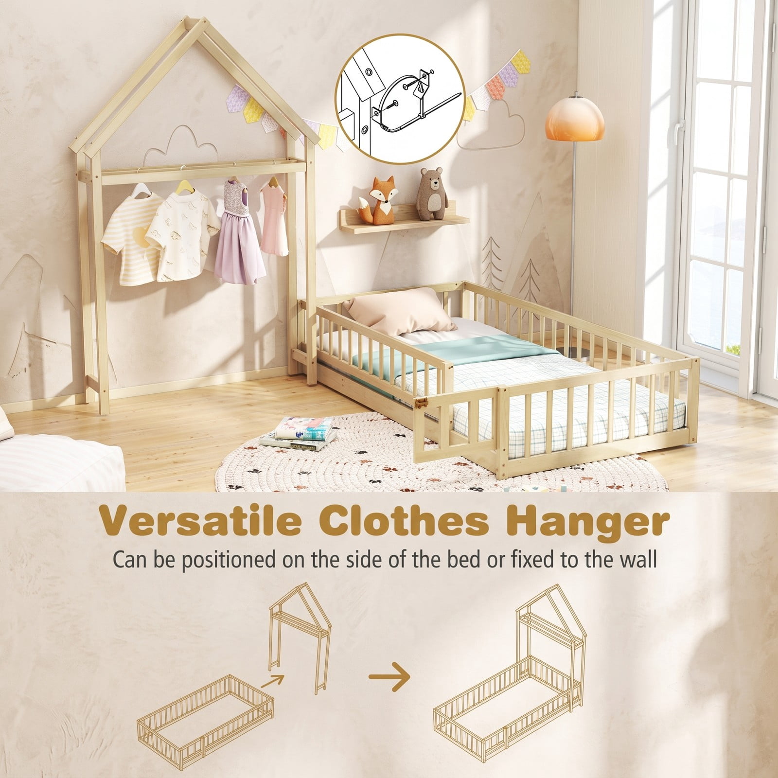 Furnibear Full Size Bed Frame House Floor Bed with House-Shaped Frame and Full-Length Fence Guardrails for Kids Room, Natural