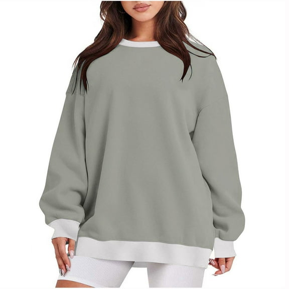 miqiqism Women Color Block Pullover Sweater Trendy Fall Lightweight Long Puff Sleeves Sweatshirts Junioprs Outerwear Loose Fit Tunic Sweatshirts,Gray,Large