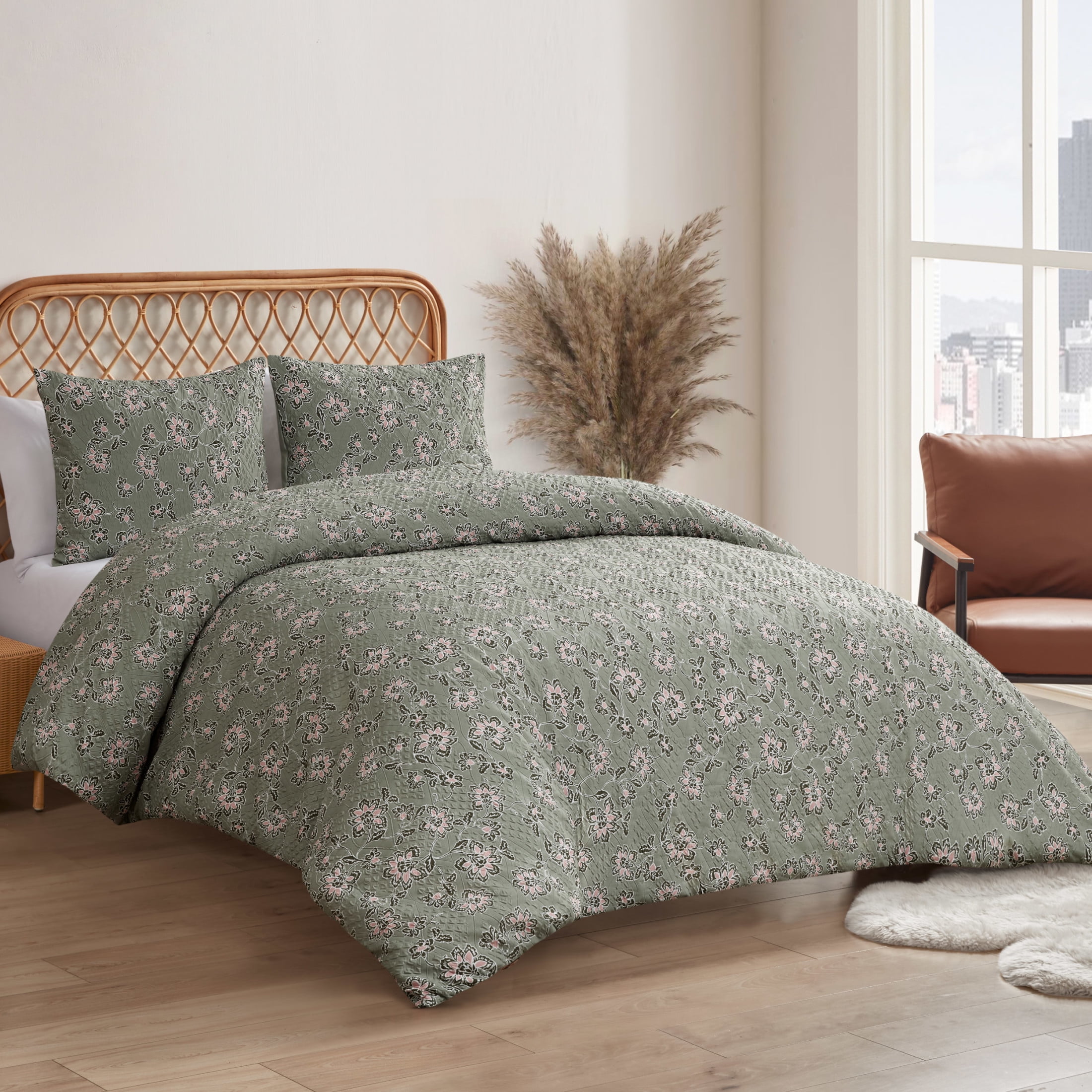 Jessica Simpson Botanical Embossed Sage Green Duvet Cover Set Queen/Full Size - 3 Piece Set