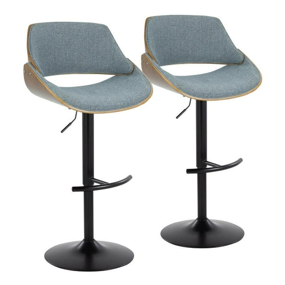 LumiSource Walnut Wood, Black Metal, Blue Fabric Fabrizzi Adjustable Barstool - Set of 2