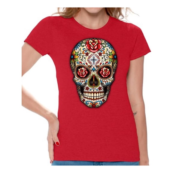 Awkward Styles Rose Eyes Skull Tshirt for Women Sugar Skull Roses Shirt Sugar Skull T Shirt Dia de los Muertos Shirt Day of Dead Gifts Halloween Shirts Women's Skull Tshirt Skull Shirts