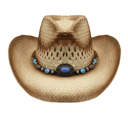 Tea Stain Straw COWBOY HAT w/ Turquoise Blue Beads WOMEN WESTERN (The Last Best Cowboy Hat)