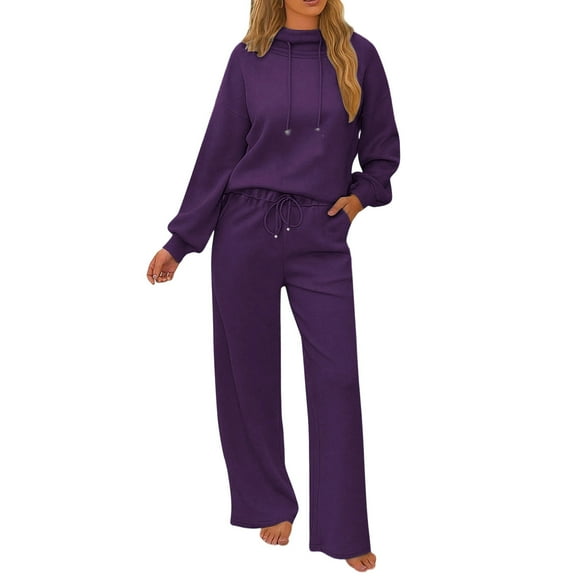 Fashion Sweatsuits Womens 2 Piece Sweatpants Sets Drawstring High Neck Sweatshirt and Wide Leg Pant Tracksuits (XL, Purple)