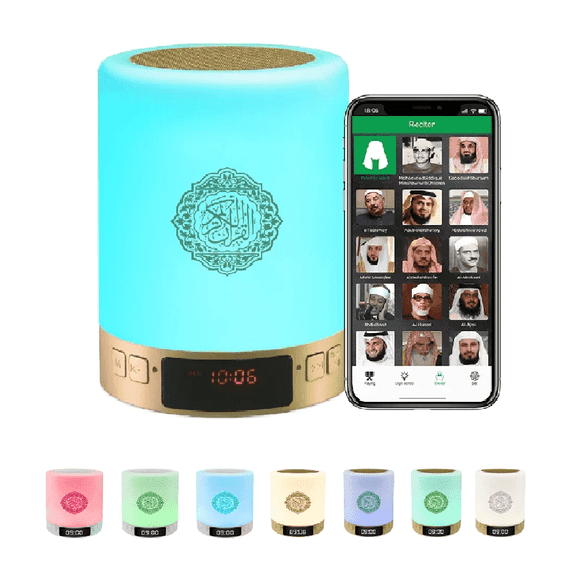 Altavoz Portátil Quran, Reproductor Quran con Reloj Azan, Control Remoto, Pantalla Multicolor, Batería Recargable, Set de Accesorios Completo