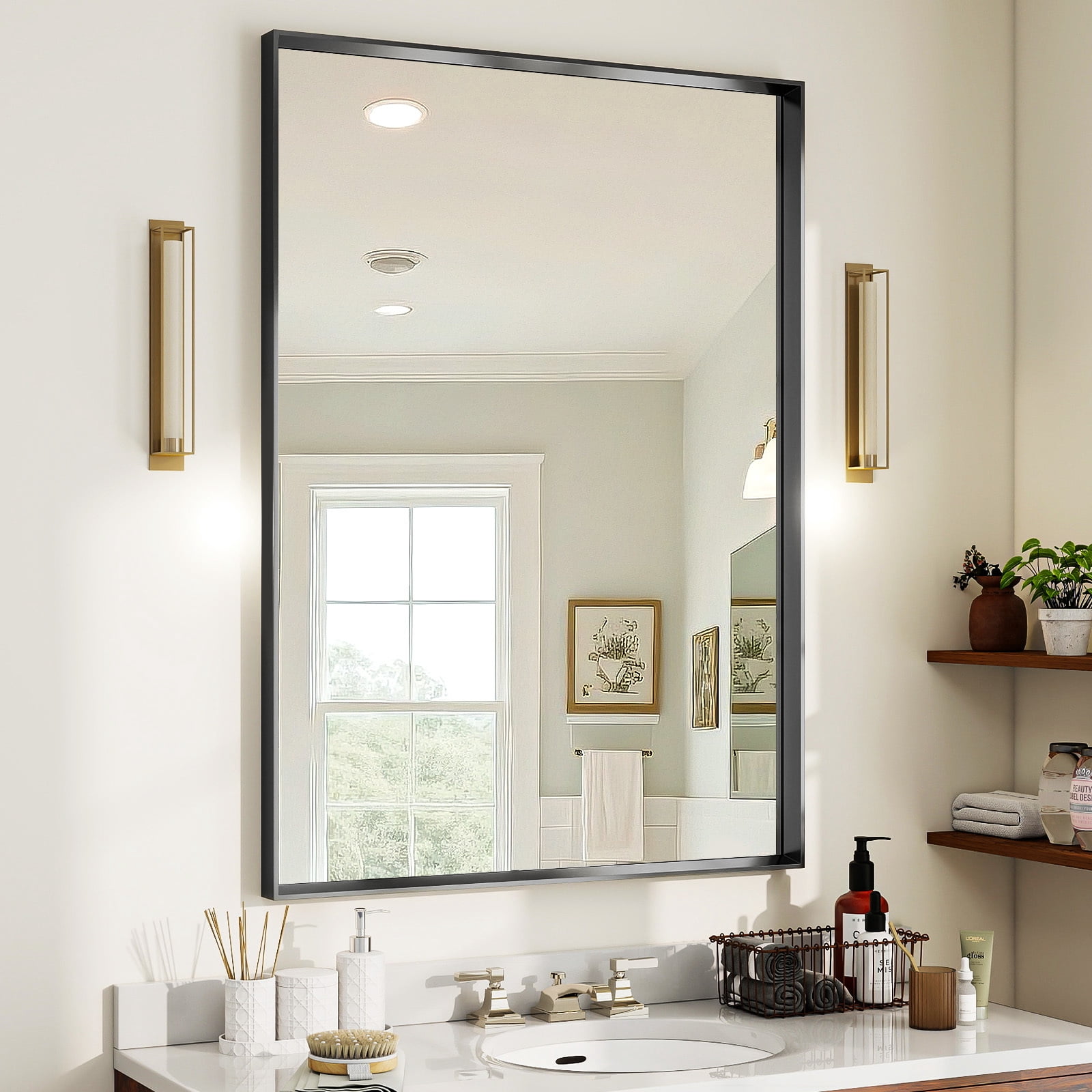 Easy4Home 36"x 24" Rectangular Bathroom Vanity Mirror with Deep Frame Wall Mirror, Black