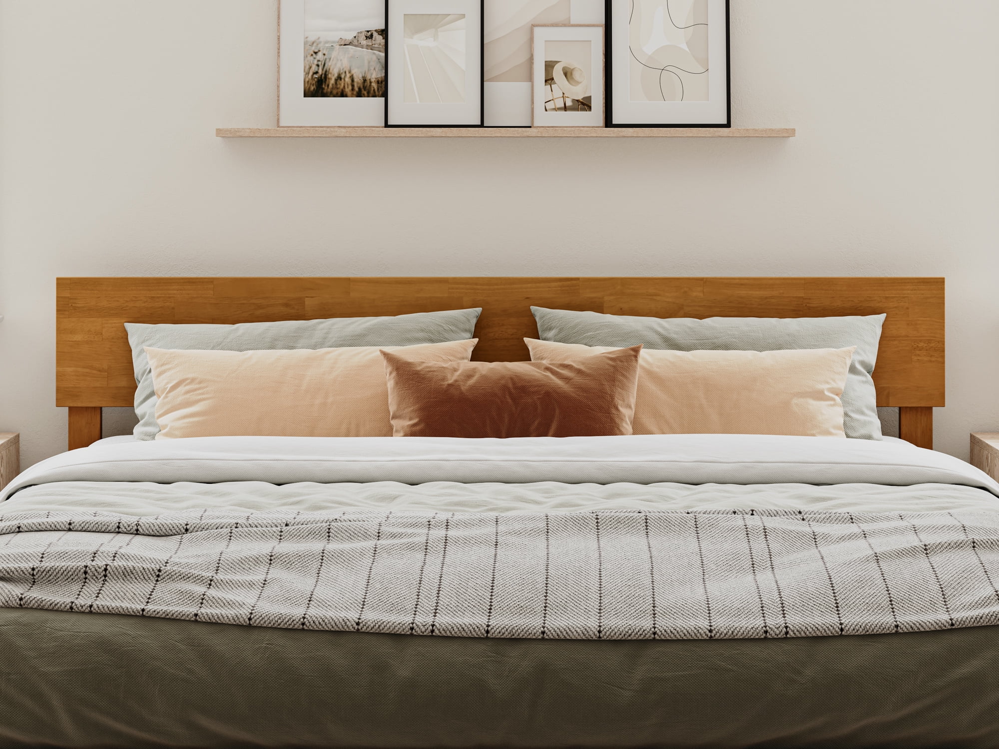 AFI Orlando King Modern Solid Wood Panel Headboard with Attachable Charger, Light Toffee