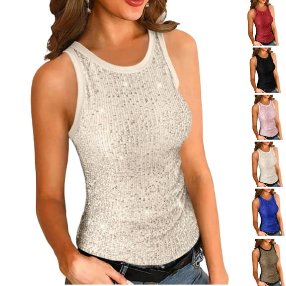 Sequin Tank Tops for Women Crop Crew Neck Sleeveless Sparkly Glitter Club Party Nightout Vest Blouse,Beige S