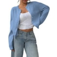 thumbnail image 2 of Women'S Button Down Long Sleeve Crewneck Crop Cardigan Sweater Cute Knitwear Clothes Sky Blue XL, 2 of 9