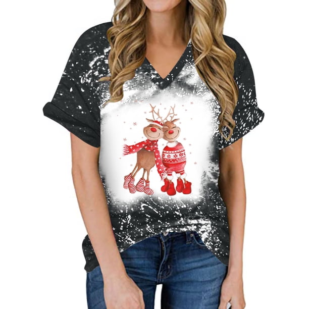 Pntutb Mujeres Casual Loose Christmas Elk Cuello en V Camisetas de manga corta Hombres Mujeres tops Pntutb Pntutb-8721