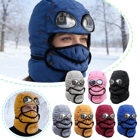 shoper Winter Thermal Trapper Hat with Goggles, Beanie with Glasses Winter Cycling Windproof Ski Mask Cap, Adjustable for Women Men