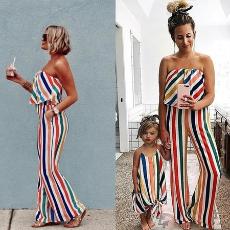 Family Matching Women Girls Mother and Daughter Striped Dresses Outfits Clothes