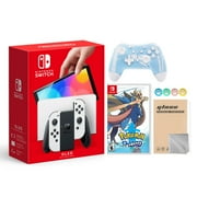 Nintendo Switch OLED Model White Joy Con 64GB Console Improved HD Screen & LAN-Port Dock with Pokemon Sword And Mytrix Wireless Switch Pro Controller and Accessories