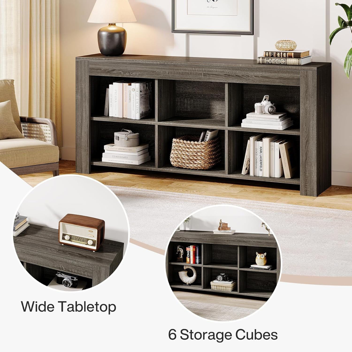 Tribesigns 6-Cube Horizontal Bookshelf – Industrial Low Wide Bookcase for Home Office or Living Room
