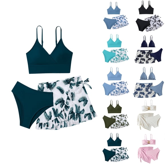 Girl's 3 Piece Bikinis Sets Floral Print High Waisted Bathing Suits Set Adjustable Straps Bikini Tops & Bottoms with Cover Up Skirts (Dark Green 16Y)