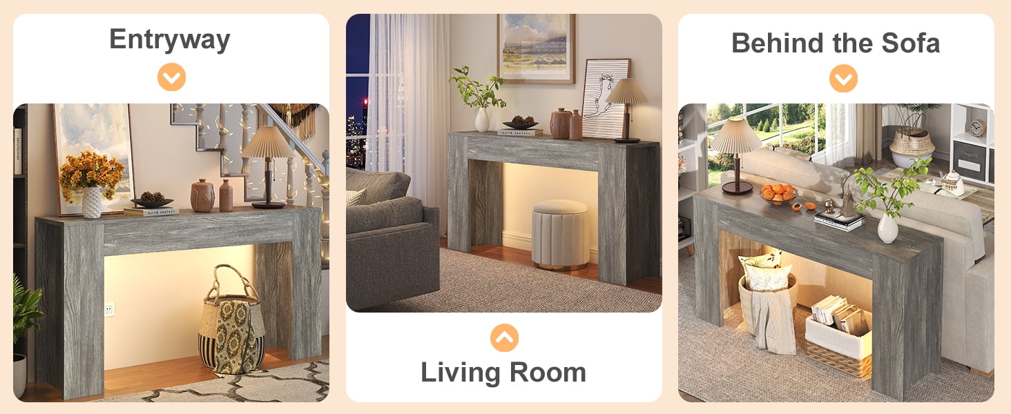 63-Inch Long Console Table with LED Light, Farmhouse Sofa Table Behind Couch, Wooden Console Table for Entryway Hallway Entrance Living Room, Gray