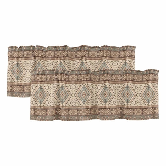 Brown Geometric Curtain Valances for Windows, Kitchen Valance Window Treatments Panel 2 Pack, Modern Ethnic Southwest Vintage Rod Pocket Short Curtains for Bathroom Bedroom 42 x 18 Inch