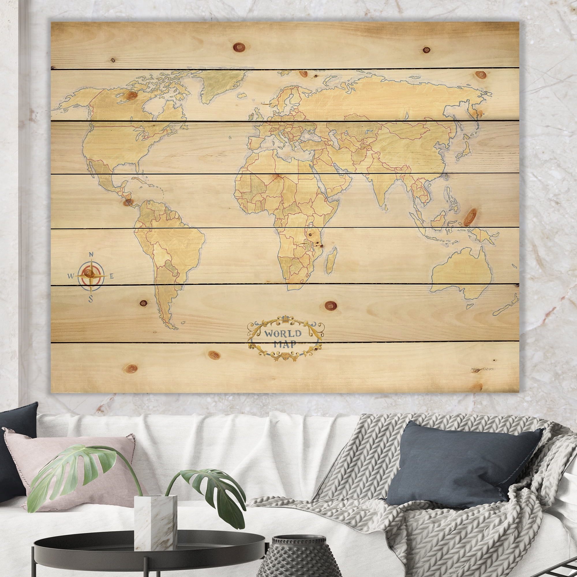 Designart 'World Trekker I Crop' Map Print on Natural Pine Wood