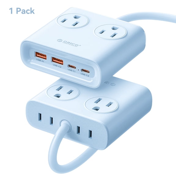 ORICO Power Brick, 25W GaN Power Strip, 8 in 1 Extension Cord with 4 AC Outlets and 2 USB-A and 2 USB-C Ports, 5ft Flat Plug White Outlet Extender for Home/Dorm/Travel-Blue (1 PCS)